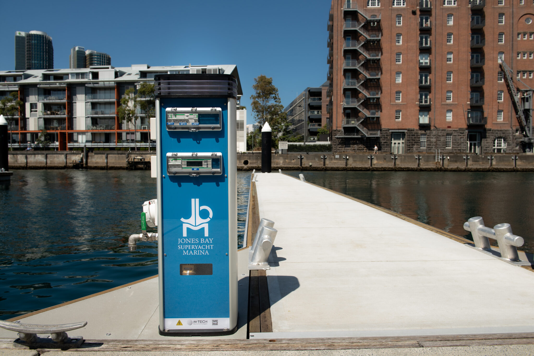 M-TECH Platinum Service Pedestal 350 installed at Jones Bay Marina providing premium power and water services for luxury yachts in Sydney Harbour.