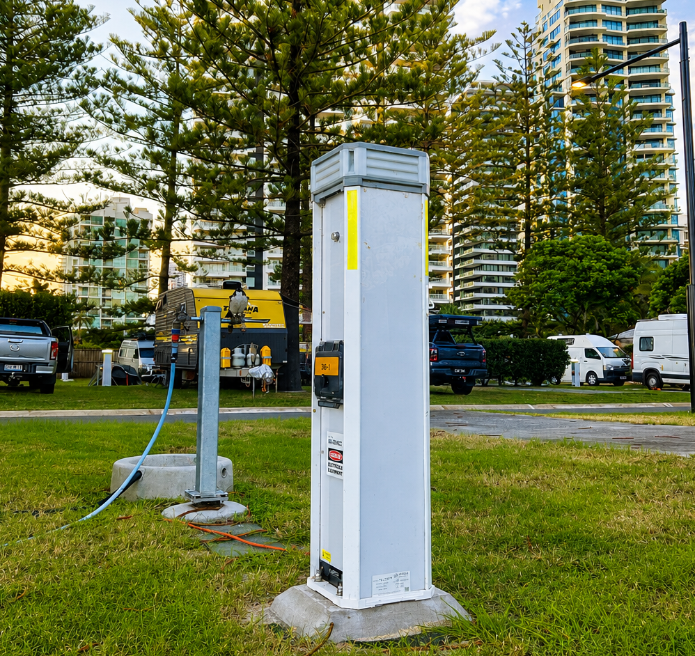 M-TECH utility pedestal installed at Main Beach Caravan Park providing power and water services for caravans and motorhomes.